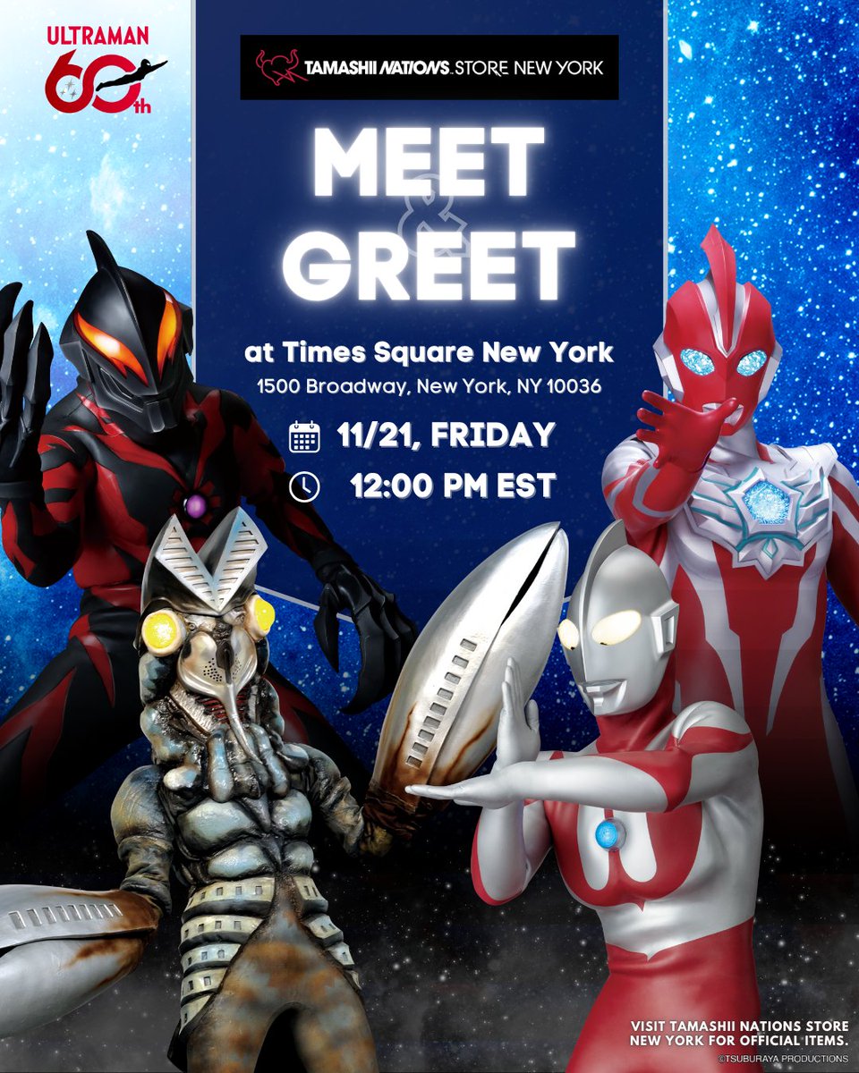 Mark it on your calendars as Ultraman is back in Times Square!
Meet Ultraman, Omega, Baltan, and Belial on Friday, November 21st at noon at Tamashii Nations Store New York!

#UltramanLive