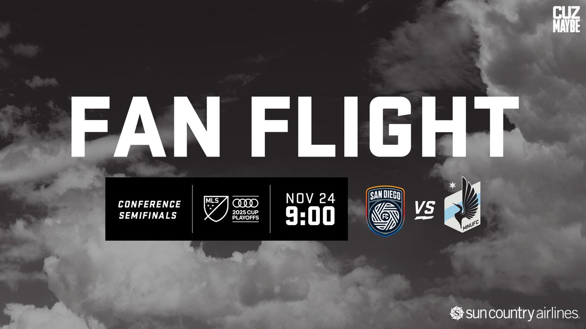 MNUFC's tweet image. Cheer on the Loons during the MLS Cup Playoffs! Book a seat on the @suncountryair Fan Flight, featuring roundtrip service to San Diego for the Western Conference Semifinals.

𝘽𝙤𝙤𝙠 𝙉𝙤𝙬 »  utd.mn/3XsJqMc