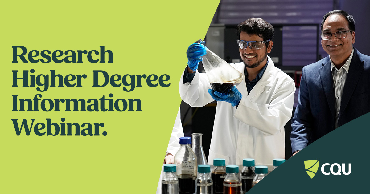 CQU's tweet image. Join us for a free webinar on studying a research higher degree with CQU on 17 November from 1 - 2:15pm AEST. Discover the courses, how to find a topic, project and supervisor, the application process, and the available funding and support.

Register now: ow.ly/gspk50Xk83r
