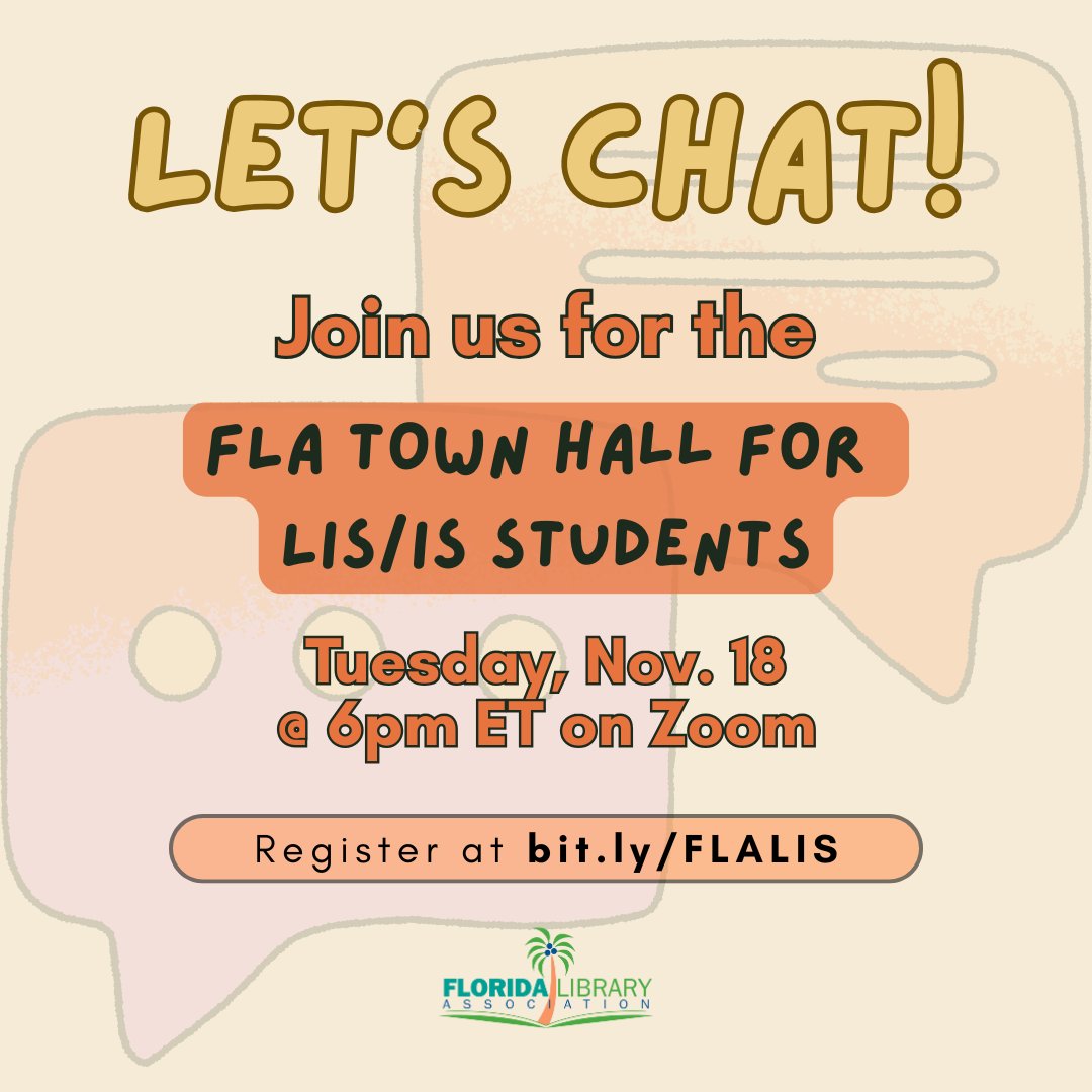 Our Virtual FLA Town Hall is just one week away!

On Nov 18th at 6 PM via Zoom, ask questions directly to library pros, learn about FLA, and make your voice heard.
Get registered today! loom.ly/YdQ2ohE

#FLA #LISstudents #VirtualNetworking #FloridaLibraries