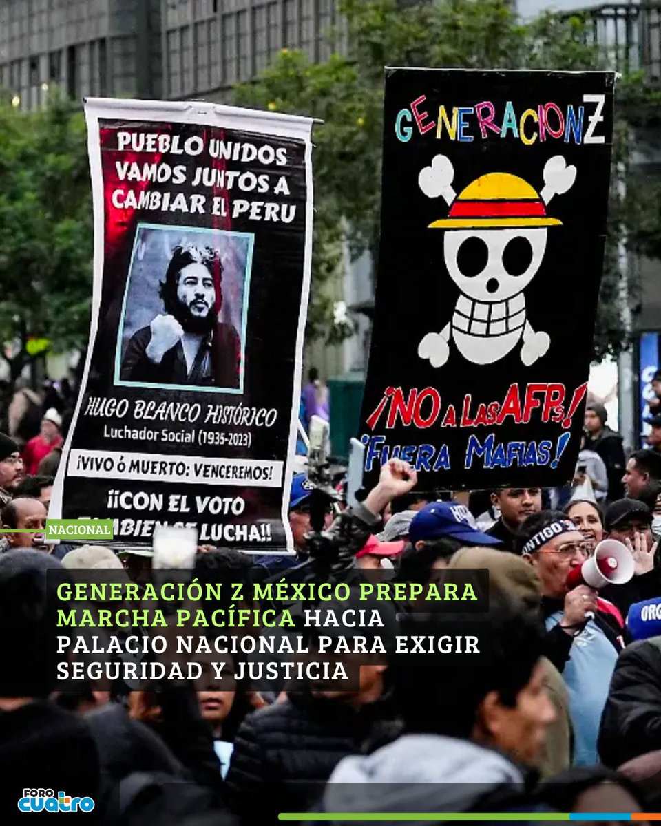 ForoCuatroTV's tweet photo. El movimiento Generación Z México convocó una nueva marcha hacia Palacio Nacional para protestar contra la inseguridad y la corrupción en el país...
👉👉 https://t.co/ZQErI0EMKh
#GeneracionZ #MarchaCDMX #ProtestaPacifica #PalacioNacional #OnePiece https://t.co/LmJJIp2Ueh