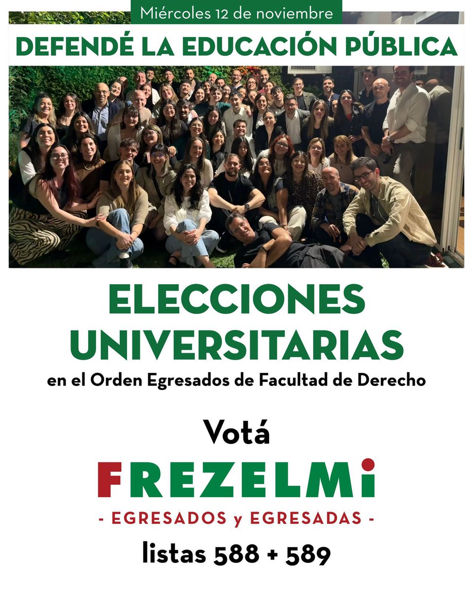 EgresadosFderUR's tweet photo. MAÑANA DEFENDÉ LA EDUCACIÓN PÚBLICA 💪

En estas Elecciones Universitarias, en la Facultad de Derecho, en el Orden Egresados, votá FREZELMI Egresados y Egresadas con las listas 588 y 589 ❤️💚

Hacer es la mejor forma de decir. En Derecho, siempre @FREZELMI88 https://t.co/b25hD56L8M