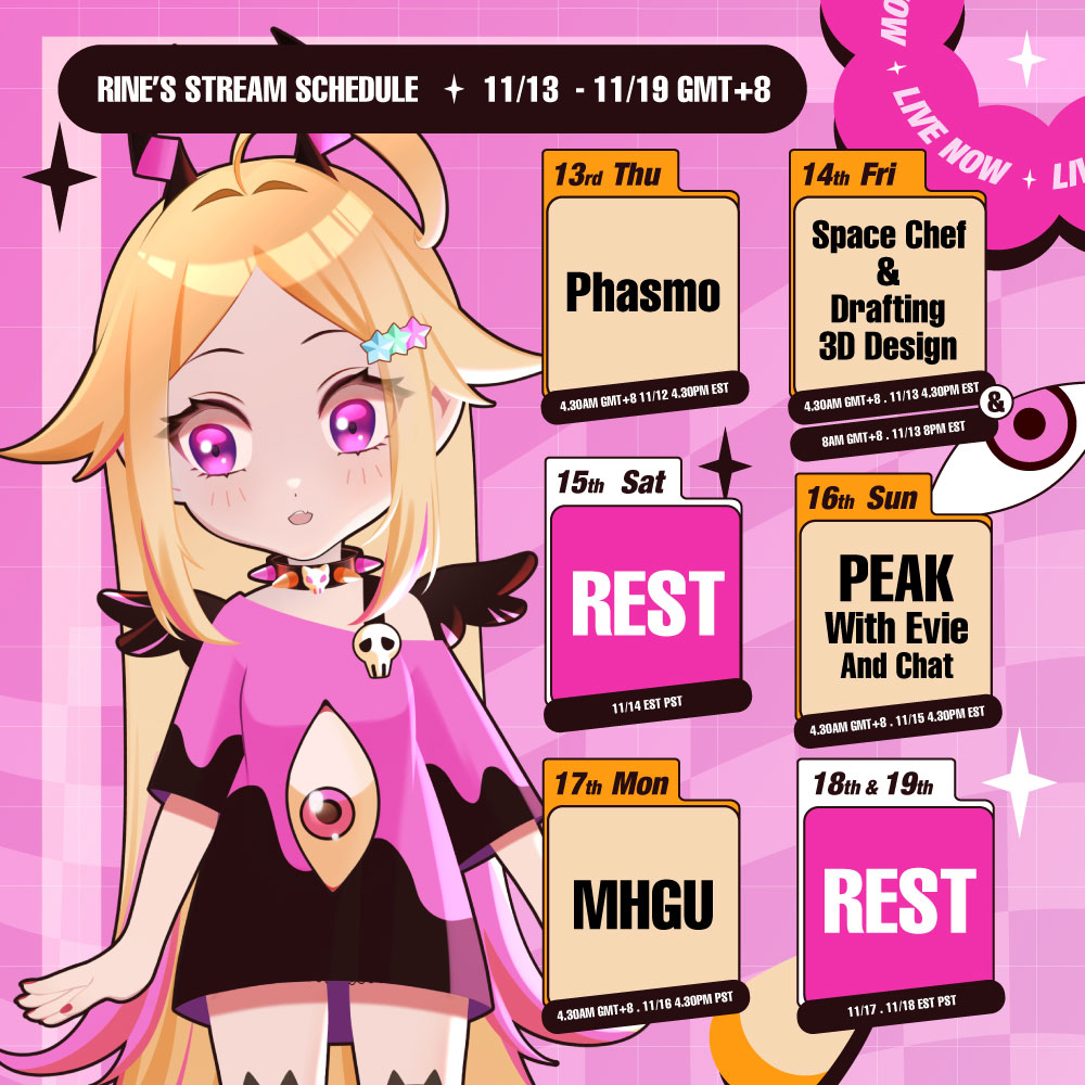 📅Stream Schedule | 11/13 - 11/19 GMT+8📅
👁️We have horror, art stream and PEAK collab!!

🟪twitch.tv/rinevartist
🟥youtube.com/@rinevartist

#Vtuber #rinestream