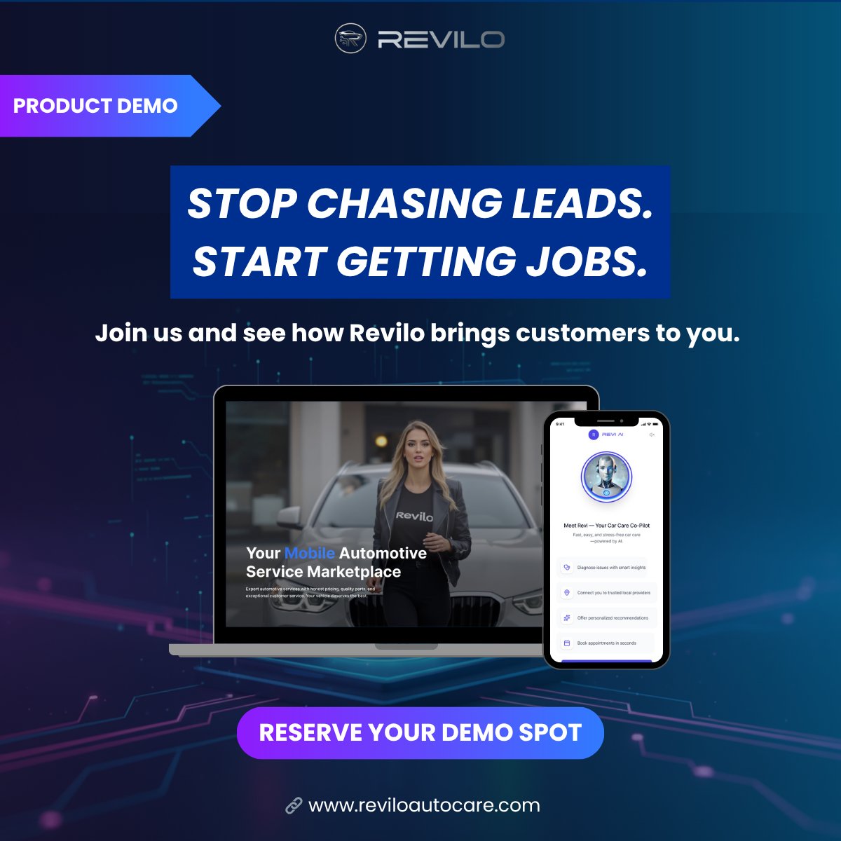 More jobs. Less hassle.
Revilo helps auto pros get leads faster, not chase them.
Join our live demo → follow this space for more info to book your spot!