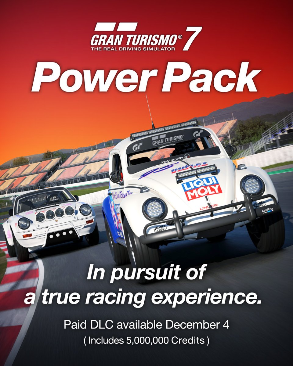 Play through full sessions from practice to qualifying to the race, and go tail-to-nose with GT Sophy 3.0!

The Power Pack DLC adds 50 new races like 24H endurance and comes with 5M in-game credits. Coming 4 December!

More details👇
gran-turismo.com/world/news/00_…

#GT7 #GranTurismo