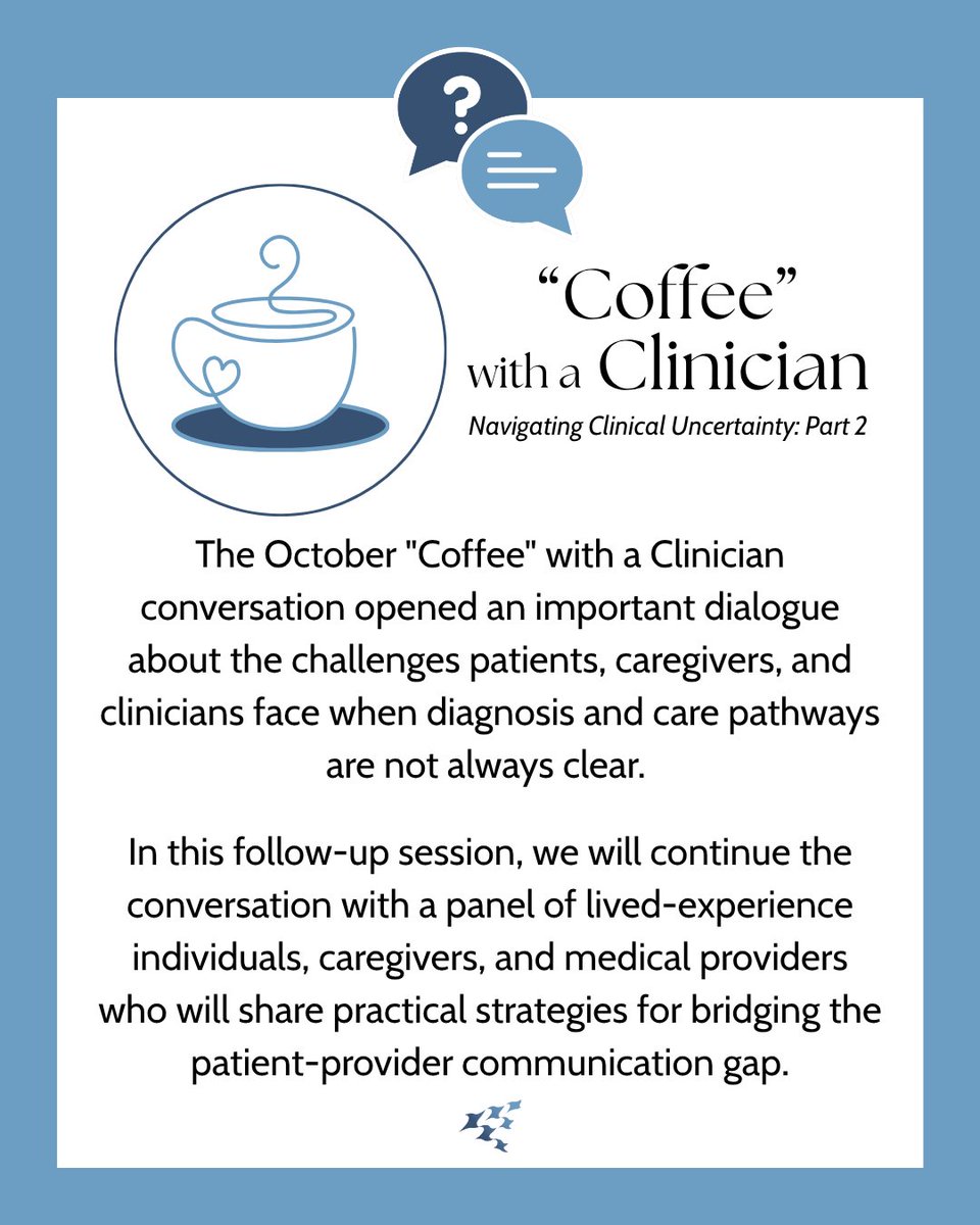 BatemanHorne's tweet image. ☕ Join us Wed. Nov 12 at 10 AM MST for “Coffee” with a Clinician: Navigating Clinical Uncertainty Pt 2.

Hear patients, caregivers &amp;amp; clinicians share ways to bridge communication in complex care.

Free | $5 optional donation.
🔗 bit.ly/3JCHAFq

#MECFS #LongCOVID #IACCs