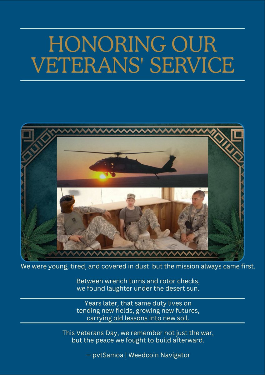 pvtSamoa's tweet photo. We used to tune birds and chase torque specs.
Now we tune minds and chase peace.
Different smoke, same mission.
#VeteransDay #WeedcoinNavigator #Bongterm https://t.co/2o5kSJBQUb