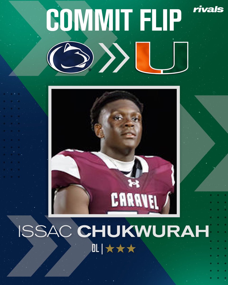 🚨BREAKING🚨 DL Issac Chukwurah has flipped his commitment from Penn State to Miami, <a href="/SWiltfong_/">Steve Wiltfong</a> reports🙌

Read: on3.com/rivals/news/mi…
