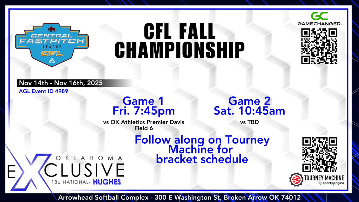 Catch us one last time this fall in Broken Arrow, OK for the CFL Fall Championship. We'll be chasing a berth for the AFCS next summer 

<a href="/thealliancefp/">The Alliance Fastpitch</a> <a href="/CentralFPLeague/">Central Fastpitch League</a> <a href="/BryanKHoward1/">Bryan K. Howard</a>
<a href="/Coach_Maples/">Sam Maples, MBA</a> <a href="/JessicaRenaae/">Jessica Boone</a> <a href="/ShaleeRodriguez/">Shalee Rodriguez</a>
<a href="/EliciaEspinosa/">Coach Eli✨</a> <a href="/USAOCoachJ/">Jadyn Wallis</a> <a href="/Jace_Brewer/">Jace Brewer</a>