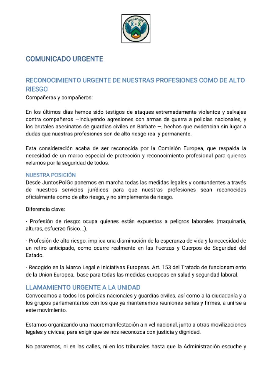 JuntosPolGc's tweet image. 🚨 #COMUNICADO #URGENTE
‼️ #PROFESIONALTORIESGO
💙 #POLICIANACIONAL
💚 #GUARDIACIVIL
🔊 #JUNTOS