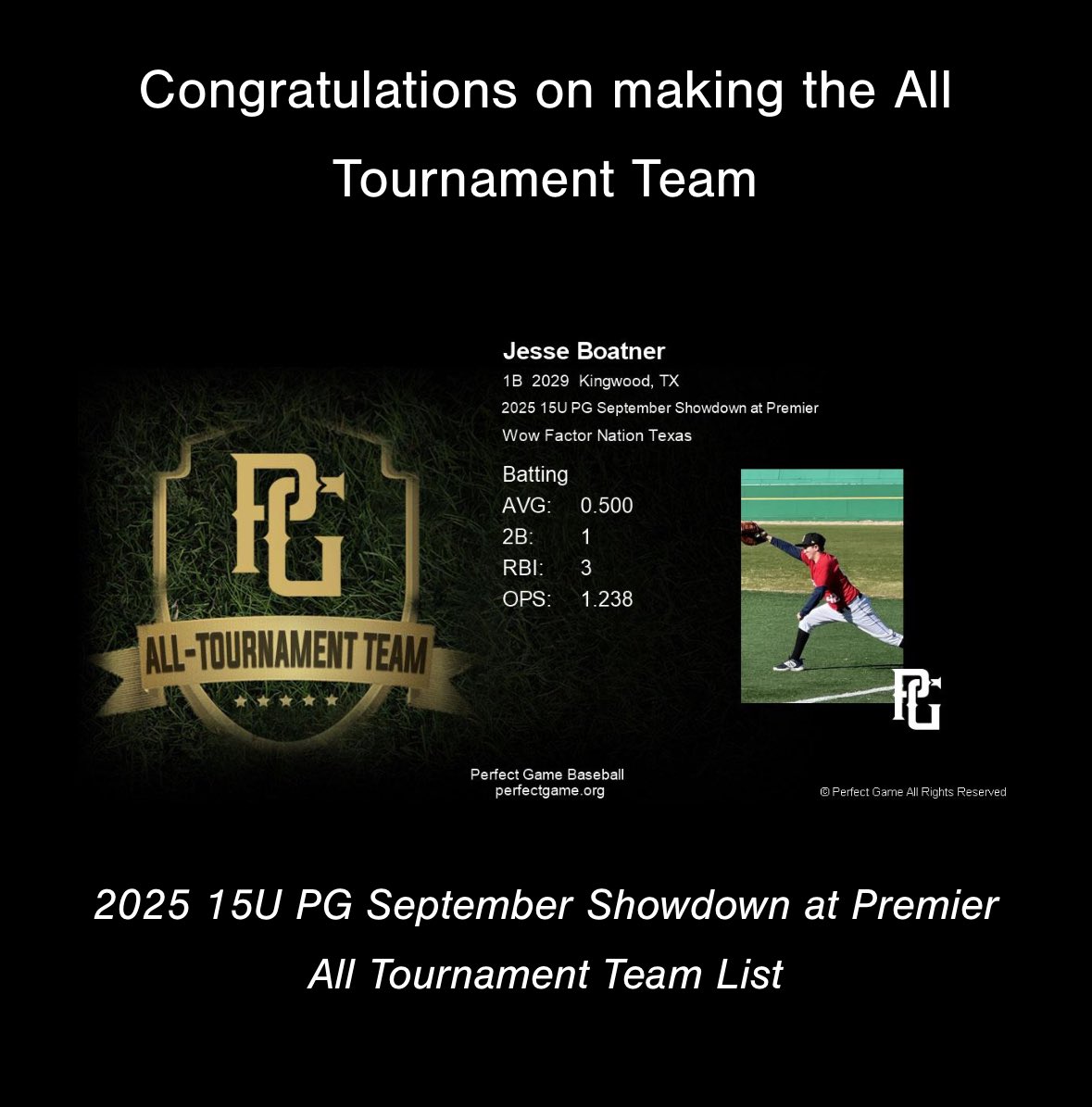 WFNationTexas's tweet image. 🔥Congratulations🔥

2025 15U PG September Showdown at Premier
💪🏽All-Tournament Team

@BaseballPrepper 
Raul Hernandez
Julio Rivera
Kyce Wilks

Your hard work, effort, and performance stood out all weekend !

@WowFactorNation @JKD_Athletics