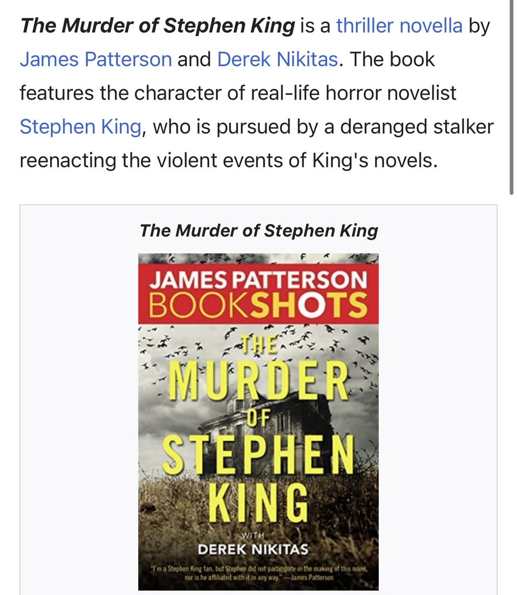 soonrightaway's tweet image. apparently Stephen King insulted James Patterson in the press, Patterson tried to put this book out in response but the publication got canceled because everyone rightfully thought it was psychotic