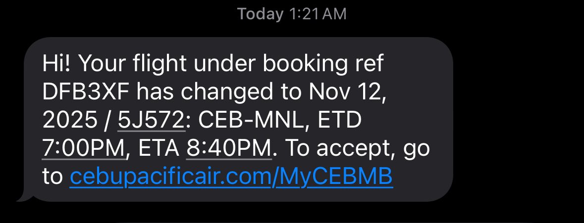 PilosopACE's tweet photo. Who TF will message/email you at 1AM to inform you that your 8am flight is cancelled then offer you a 7PM flight instead. Ano na? @CebuPacificAir https://t.co/gCwWOFeLjk