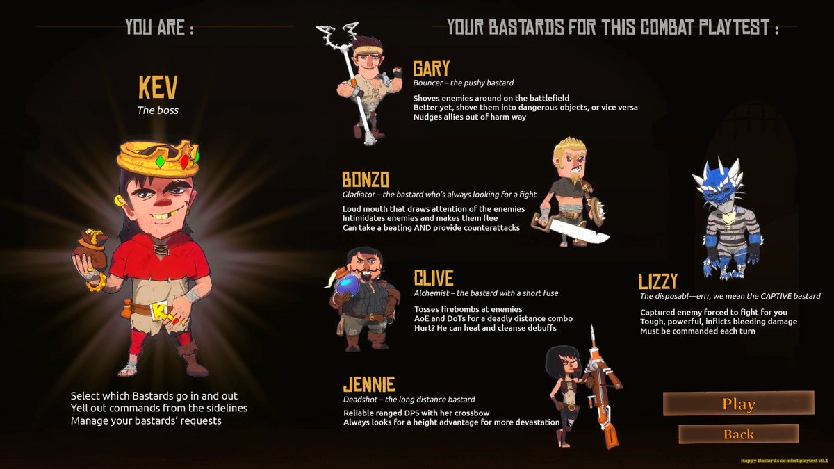 CleverPlays's tweet image. Meet some of the characters you can play in the playtest for our upcoming turn-based RPG, Happy Bastards! ⚔️

Want your chance to cause some chaos and kick some ass? Sign up for the playtest in our Discord. 
👉 discord.gg/aSWVYXbDAZ

#turnbasedRPG #playtest #indiegames