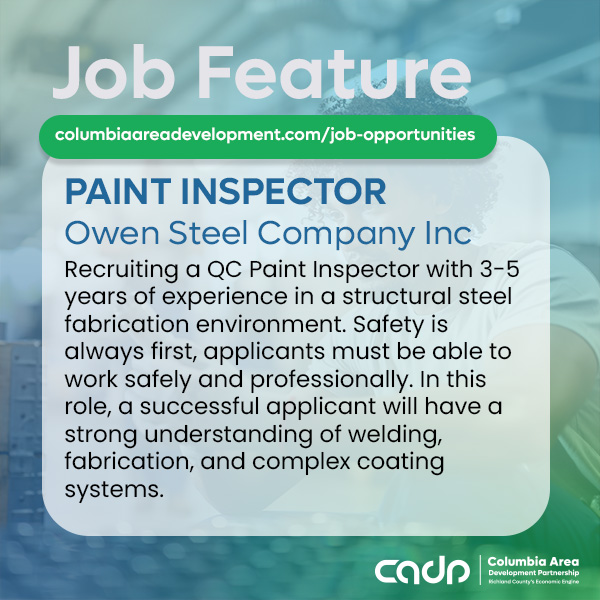 CADP_SC's tweet image. JOB FEATURE: Do you have 3-5 years working in a structural steel fabrication environment? #RichlandSC employer Owen Steel is looking for a Paint Inspector for QC.

details + more jobs ➡ columbiaareadevelopment.com/job-opportunit…

#CADPSC #economicengine #careers #ColumbiaSCregion #RichlandSC