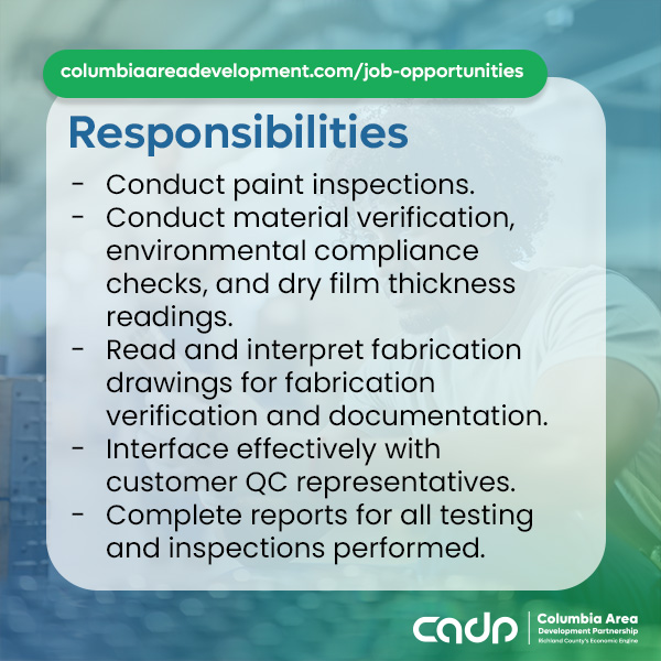 CADP_SC's tweet image. JOB FEATURE: Do you have 3-5 years working in a structural steel fabrication environment? #RichlandSC employer Owen Steel is looking for a Paint Inspector for QC.

details + more jobs ➡ columbiaareadevelopment.com/job-opportunit…

#CADPSC #economicengine #careers #ColumbiaSCregion #RichlandSC