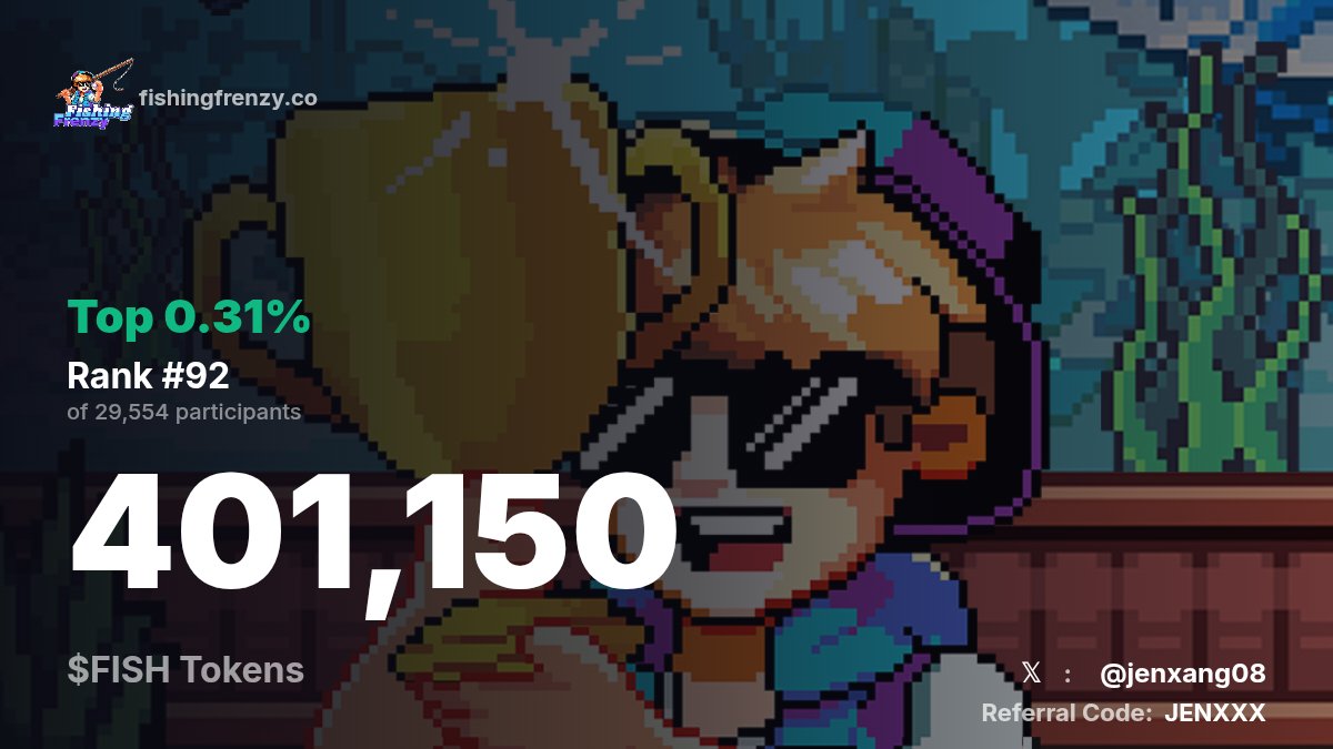 I just checked my $FISH allocation on <a href="/FishingFrenzyCo/">Fishing Frenzy</a>! 🎣

401,149.89 $FISH Tokens
Top 0.31%
Rank #92 of 29,554 participants

Check yours: ffchecker.vercel.app

Credits to Master <a href="/voidyonx/">voidy</a> for creating this custom graphic for everyone to use.