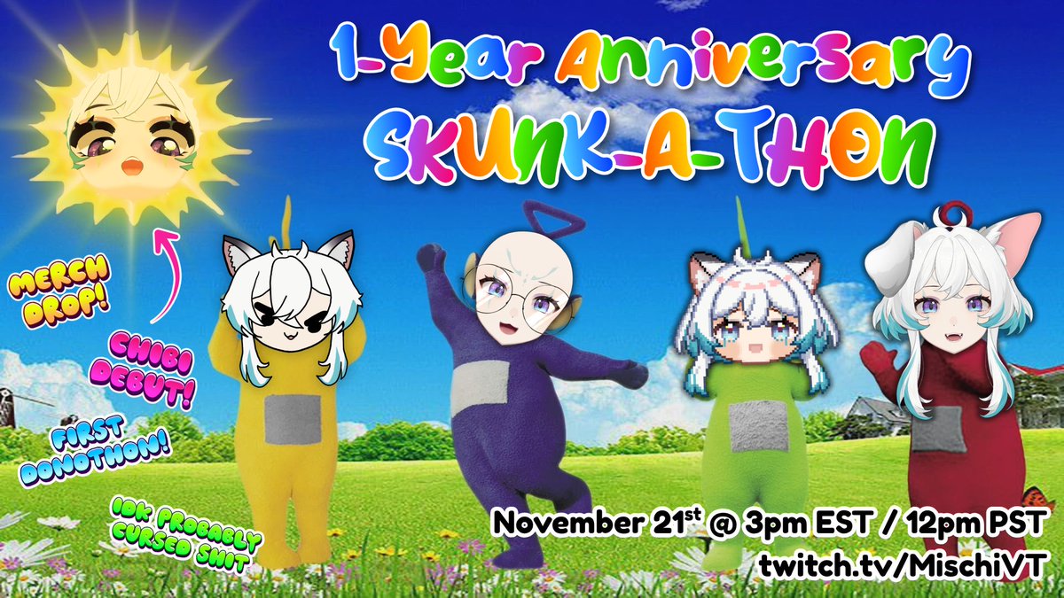 Hi uhhhh I forgot to announce my chibi debut so please have this shitty graphic I made

📅 November 21st
🕐 3pm EST | 2pm PST | 8pm GMT

Highlights:
✨ Merch!!!!! MERCHMERCHMERCH
✨ Y(2.0)K Donothon &amp; Raffle
✨ 12 hours of feral gremlin energy
✨ I can finally put chat up my ass