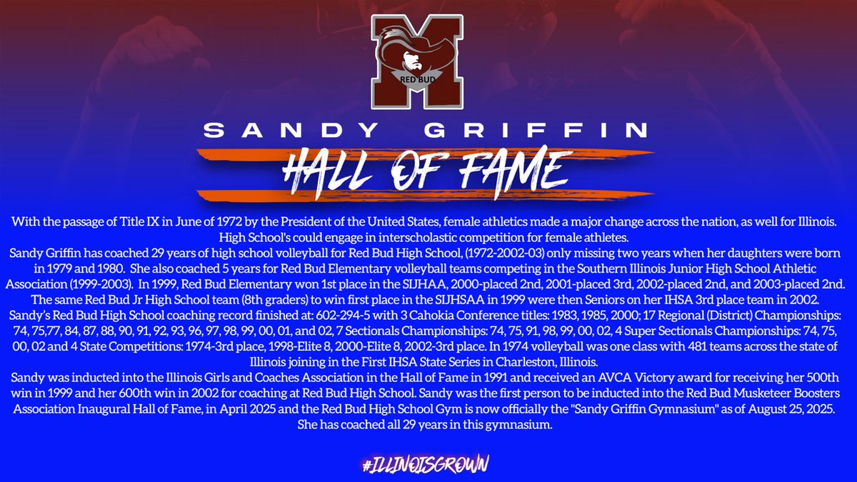 In partnership w/<a href="/GreatLakesVB/">Great Lakes Volleyball Region</a>, we are proud to recognize Sandy Griffin as our Class of 2025 Hall of Fame inductee! Coach Griffin is a pillar of our sport &amp; a pivotal leader of female athletics. We are grateful for all she has done to grow the game throughout her career!