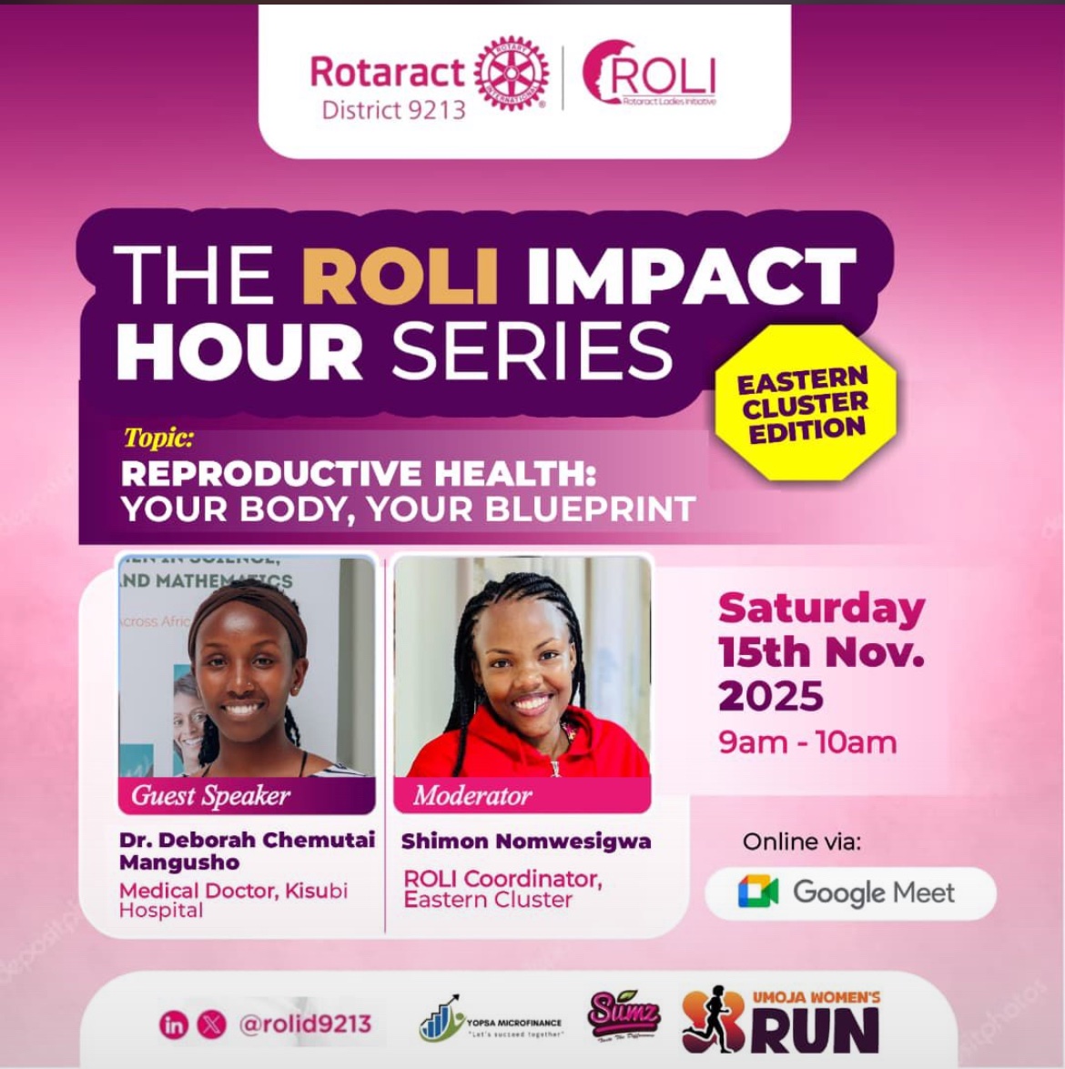 This Saturday our very own Dr <a href="/ArapMangusho/">Dr. Deborah Chemutai Mangusho 🫶❤️‍🔥</a> is leading an important conversation on Reproductive Health. 

Tune in to the <a href="/rolid9213/">Rotaract Ladies Initiative (ROLI) D9213</a> Impact hour to learn, relearn and unlearn. 

🗓️ 15th Nov 2025
⏰ 9 - 10 AM
📍 Online Google Meet

#ThisIsRotaract
#RotaryEyamba
#ROLIImpactHour
