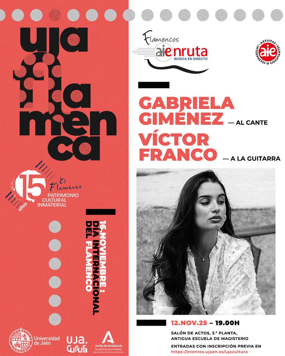 💃Jóvenes Flamencos en Ruta: Gabriela Giménez y Víctor Franco 

📆 Gabriela Giménez (Cantaora) y Víctor Franco (Guitarra) ofrecerán un concierto de flamenco el próximo 12 de noviembre a las 19:30h en el Salón de Actos de la Antigua Escuela de Magisterio