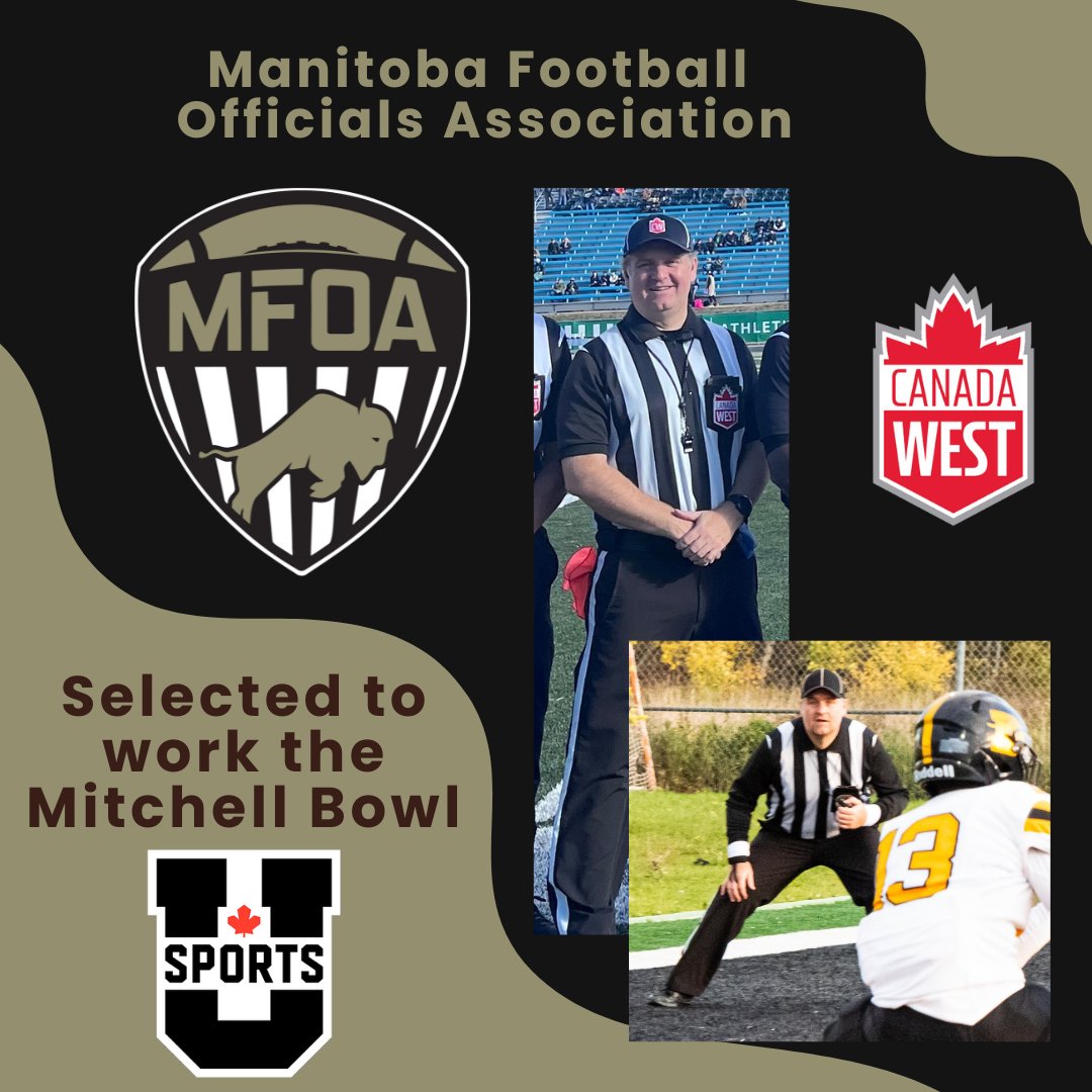 Congratulations to Mark Schmidtke from the MFOA who has been selected to work the 2025 Mitchell Bowl as Field Judge. The Saskatchewan Huskies will host the Queen’s Gaels at 2:00 this Saturday November 15th. The winner advances to the Vanier Cup

Have a Great Game