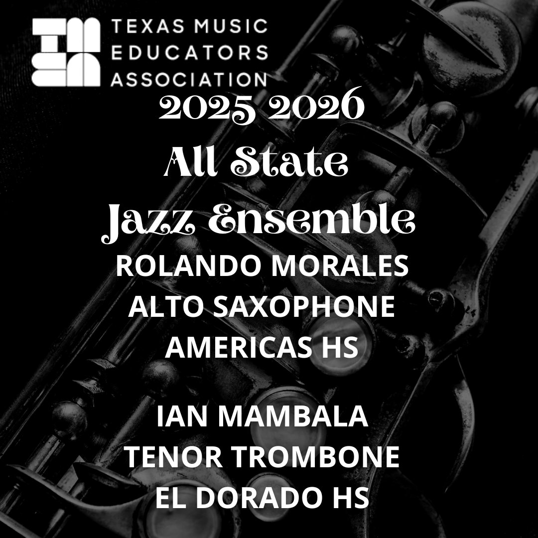 SISD_FineArts's tweet image. Congratulations to Rolando Morales (AHS) and Ian Mambala (EDHS) for being selected to the Texas Music Educators Association All State Jazz Ensemble. They will perform in February at the annual convention in San Antonio, TX #TeamSISD #SISDFineArts
