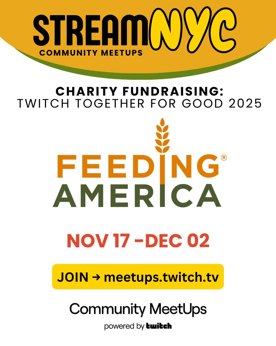 StreamNYC's tweet image. 🤍 StreamNYC is fundraising for Feeding America during Twitch Together for Good 2025!
📅  Event Dates: November 17 - December 02
(Live-stream events, guests, and more details coming soon)
💜  More Info: meetups.twitch.tv/events/details…