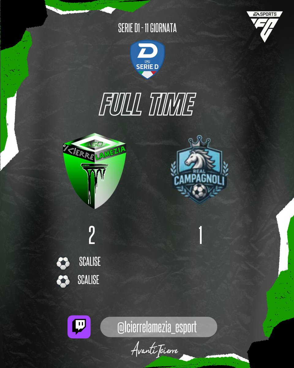 📢| FULL TIME
📅| 11.11.2025

🏆| <a href="/eLUDO_official/">eLUDO</a> Serie C Girone B
✅| 2-0 <a href="/OstiaAnticaEsp/">Ostia Antica eSp</a> 
⚽️| x2 #CoppolaR

🏆| <a href="/VPGItaly/">Virtual Pro Gaming Italy 🇮🇹</a>  Serie D1
✅| 2-1 #RealCampagnoli
⚽️| x2 #Scalise

#AvantiIcierre 💚🖤