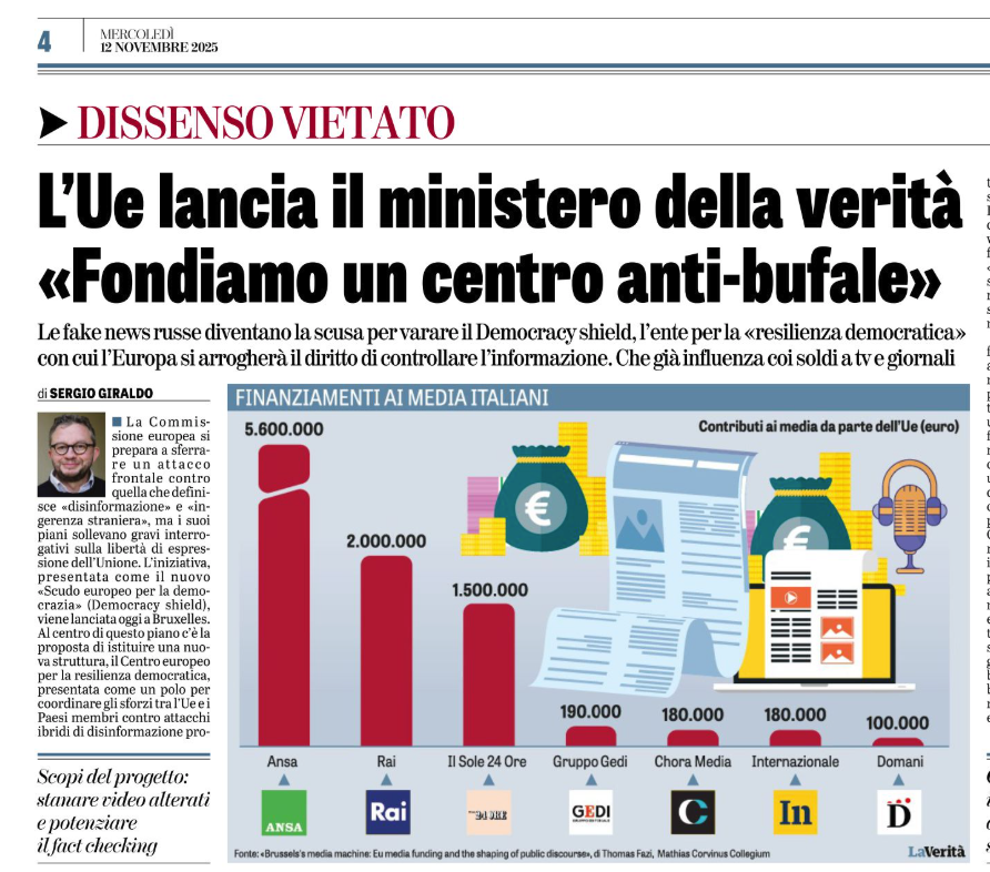 durezzadelviver's tweet photo. La Commissione rilancia la rete di fact-checker con il piano Democracy Shield, che sarà presentato oggi a Bruxelles. 
La scusa è reagire alla guerra ibrida, ma l'obiettivo è la libertà di espressione.
Oggi su @LaVeritaWeb. https://t.co/RlajO3XBJc