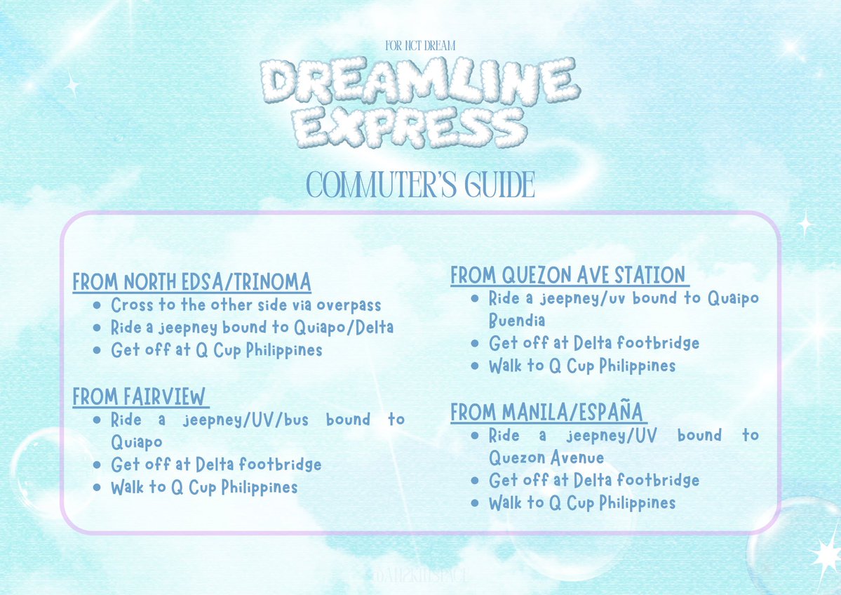 moreNCTcse's tweet image. 🚆 COMMUTER’S GUIDE + VENUE MAP is here!
If you’re heading to #DreamlineExpressCSE, you can check the easiest routes and landmarks in the posts below 💚

See you on board soon!!
#NCTDREAM #CupsleeveEventPH