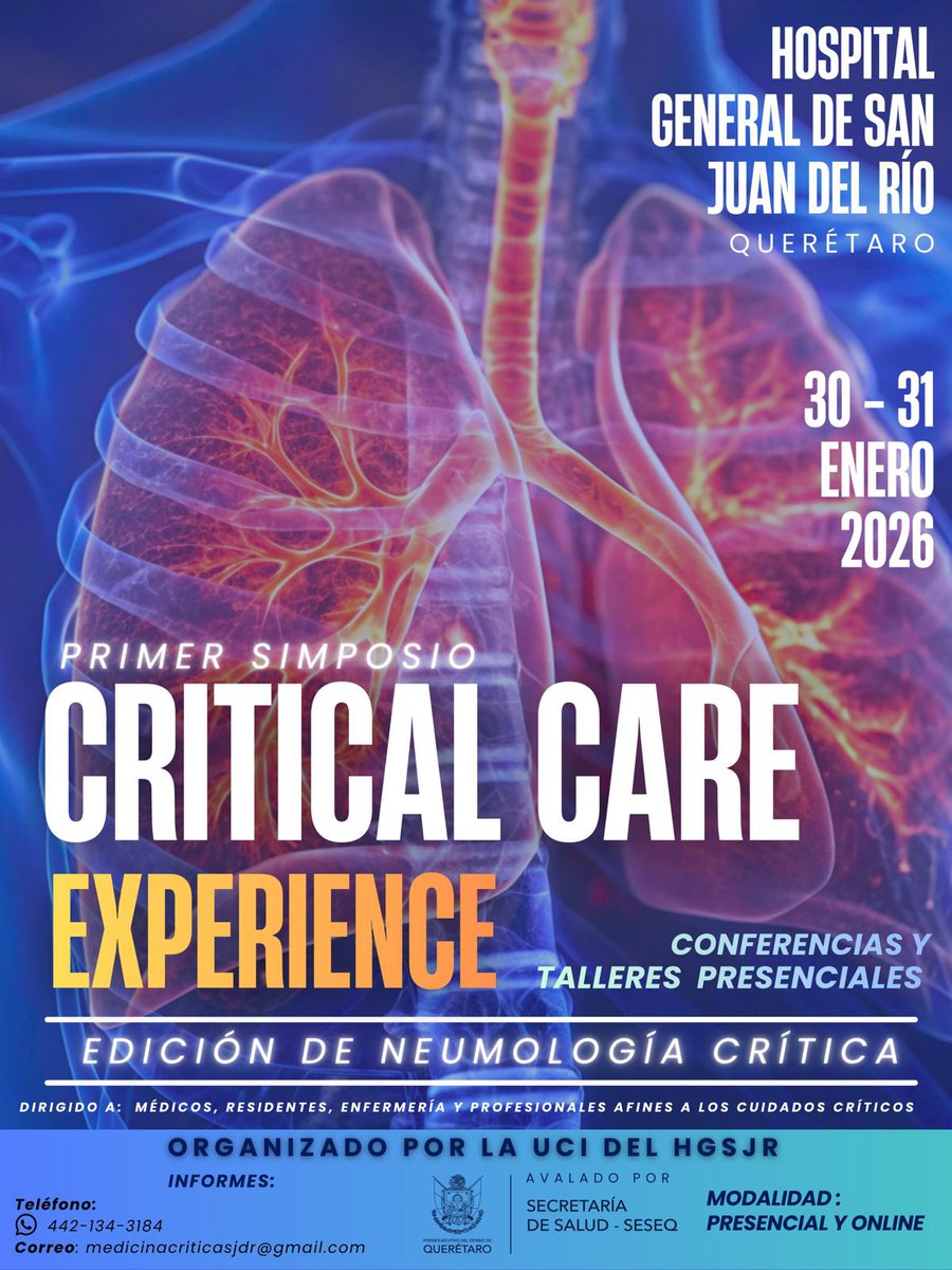 DailyUrgencias's tweet photo. 🔊 ¡Vive la experiencia crítica en Querétaro!
Te invitamos al Primer Simposio CRITICAL CARE EXPERIENCE – Edición Neumología Crítica, con conferencias y talleres presenciales sobre los temas más actuales en cuidados intensivos. 🫁

📍Hospital General de San Juan del Río, Qro 🇲🇽
🗓️ 30 y 31 de enero 2026
🎓 Avalado por la Secretaría de Salud del Estado de Querétaro
💡 Modalidad presencial y online
🙌🏼 Talleres Presenciales

📩 Informes: medicinacriticasjdr@gmail.com
📲 442-134-3184

#CriticalCare #MedicinaCrítica #SanJuandelRío