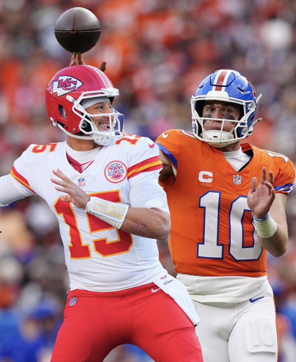 Bo Nix has nearly identical stats as Patrick Mahomes since Bo entered the NFL in 2024:

Mahomes                     Bo
6,277 pass yard  5,901 pass yard
43 pass TDs         47 pass TDs
16 INTs                    20 INTs
592 rush yard       635 rush yard
6 rush TDs             7