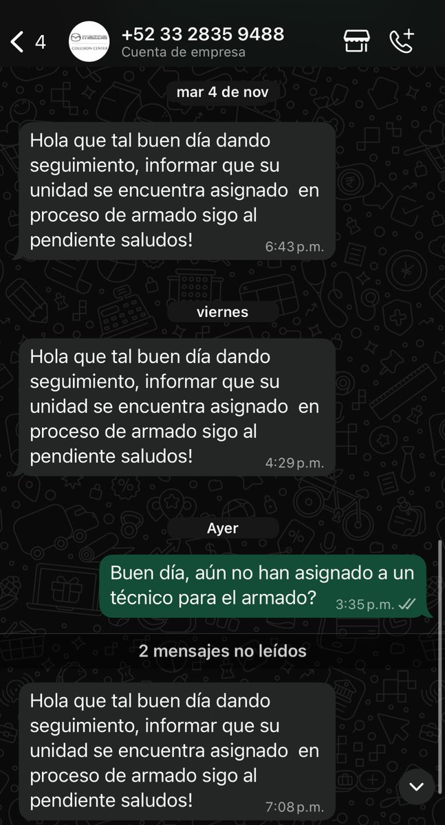 OlagueQ31138's tweet photo. @MazdaOficial: El COLLISION CENTER MAZDA lleva días enviando el mismo mensaje de "copiar y pegar" a pesar del incumplimiento de la fecha de entrega. ¡Exijo una fecha de entrega real de mi unidad! #Mazda https://t.co/3cK2iiDxw6