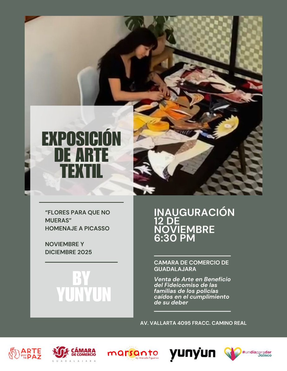 Arte 🖼️ #concausa 

A beneficio del fideicomiso de hijas e hijos de policías 👮 caídos en el cumplimiento del deber 🙌🏻
En 
<a href="/CamaradeCom_GDL/">Cámara de Comercio de Guadalajara</a> 

Yun Yun y Victor Haro

#undiaparadarjalisco 
Es #givingtuesday 

<a href="/GivingTuesday/">#GivingTuesday</a> 
<a href="/GivingTueLAC/">GivingTuesday LAC Hub</a> 
<a href="/UnDiaParaDarMX/">#UnDíaParaDar México</a>