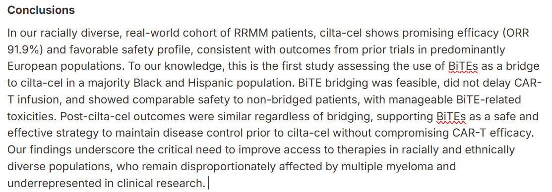 mtmdphd's tweet image. Bi-specific T-cell engagers (BiTEs) as a bridge to cilta-cel in RRMM: Real-world outcomes in an underserved urban population [Nov 3, 2025] @beltranfsanti et al. #ASH25 abs25-8444 PID 4577 meetings-api.hematology.org/api/abstract/v… #mmsm #ImmunoOnc #CancerDisparities