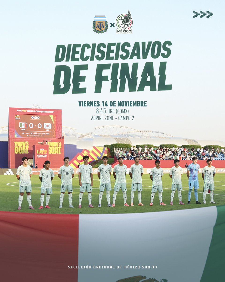 miseleccionsubs's tweet image. #Sub17 | ¡Nos vemos el viernes, Incondicionales! 👏⚽

Nos enfrentaremos ante Argentina en la ronda de Dieciseisavos de Final en el Mundial de esta categoría.🇦🇷🆚🇲🇽

#ProyectoSelecciones💚🤍❤️