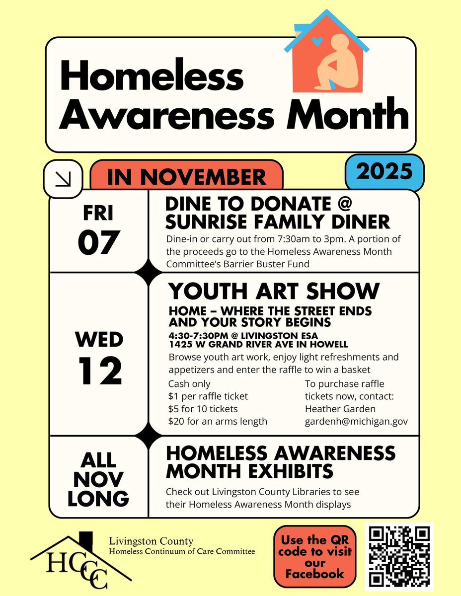 Homeless Awareness Month | Art and Homelessness Intersect

Youth Art Show- Home- Where The Street Ends and Your Story Begins
Wednesday, November 12·4:30 – 7:30pm
Livingston Educational Service Agency, 1425 W Grand River Ave, Howell, MI 

#HAM2025