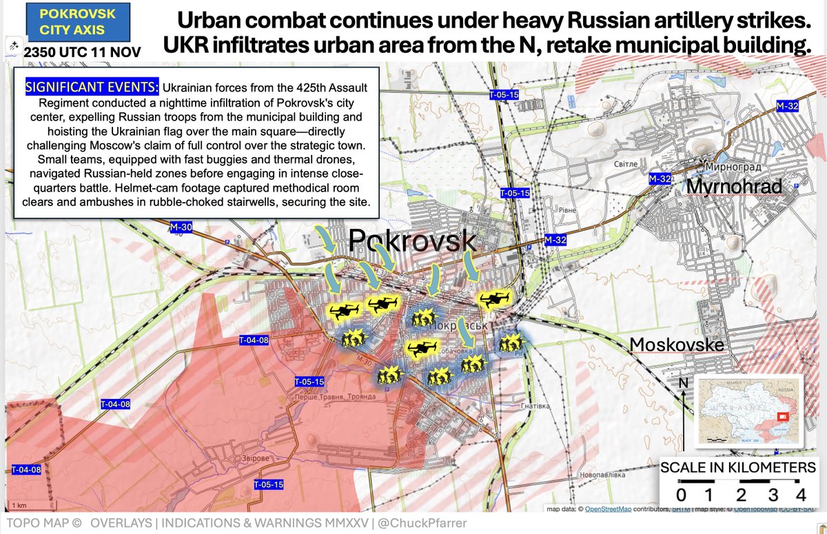 乌克兰波克罗夫斯克地区的战术战图显示了城市战区，红色阴影区域表示俄罗斯控制的领土，黄色爆炸图标标记了炮击和渗透点，标记为 N 区的中央市政建筑，俄罗斯和乌克兰阵地的清晰区域，比例尺从 0 到 4，以及描述第 47 突击旅从南部夜间渗透挑战俄罗斯控制的文本叠加层。
