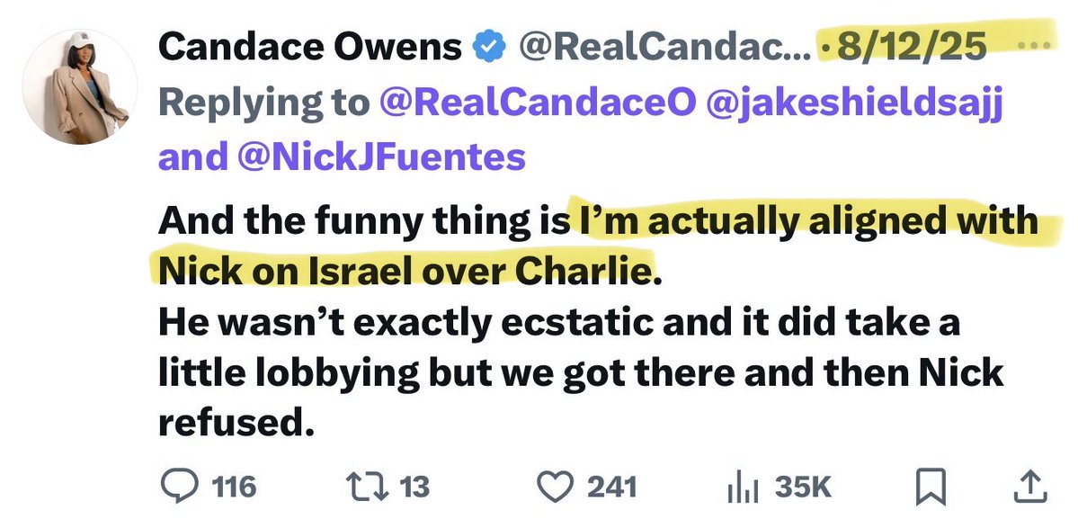 CBHeresy's tweet image. A month before Charlie Kirk was murdered, Candace said she was “aligned with Nick Fuentes on Israel over Charlie Kirk.”

But the moment he was gone all her energy went into convincing us he’d actually agreed with her.

How strange.