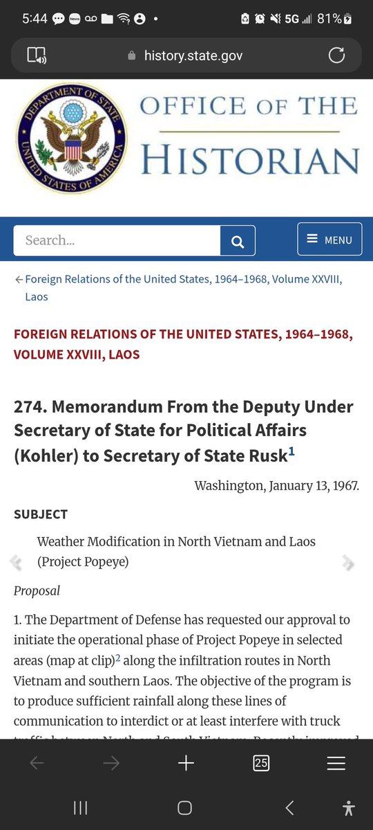 hilarysochic's tweet image. Operation Popeye  was a military cloud-seeding project carried out by the U.S. Air Force during the Vietnam War in 1967–1972. 

history.state.gov/historicaldocu…

I complained about weather and satellite manipulations to government officials in 2024 and 2025 in Chicago. 

#makethemstop