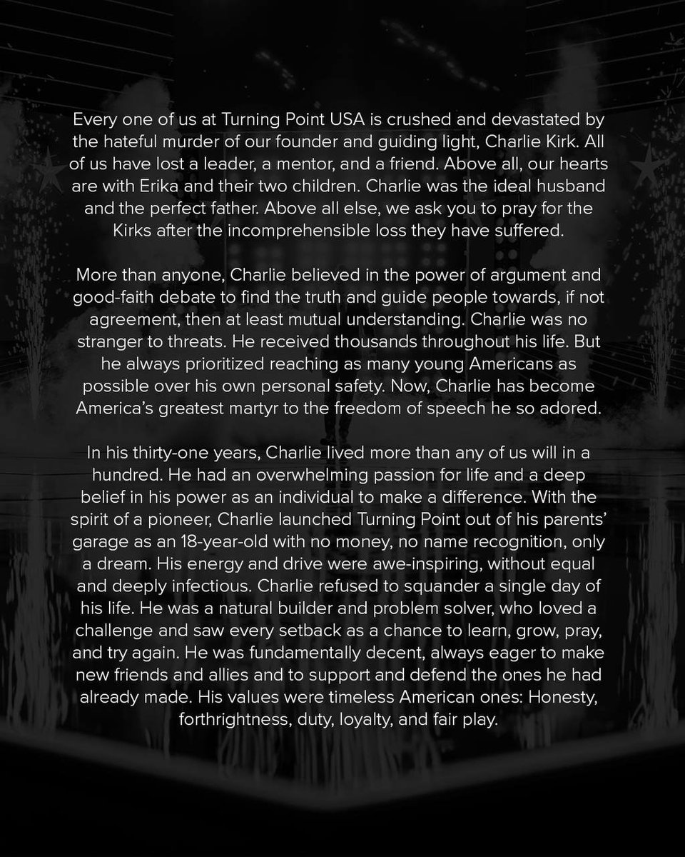 Emma57c08's tweet photo. At the age of 31, he changed the lives of millions of young Americans. He defended everything we love with his life. Tonight, we have lost not only a leader, but an era.#CharlieKirk  #RIPCharlieKirk  #MAGA  #Trump2025  #TurningPointUSA https://t.co/Z4QAoJ0xLu