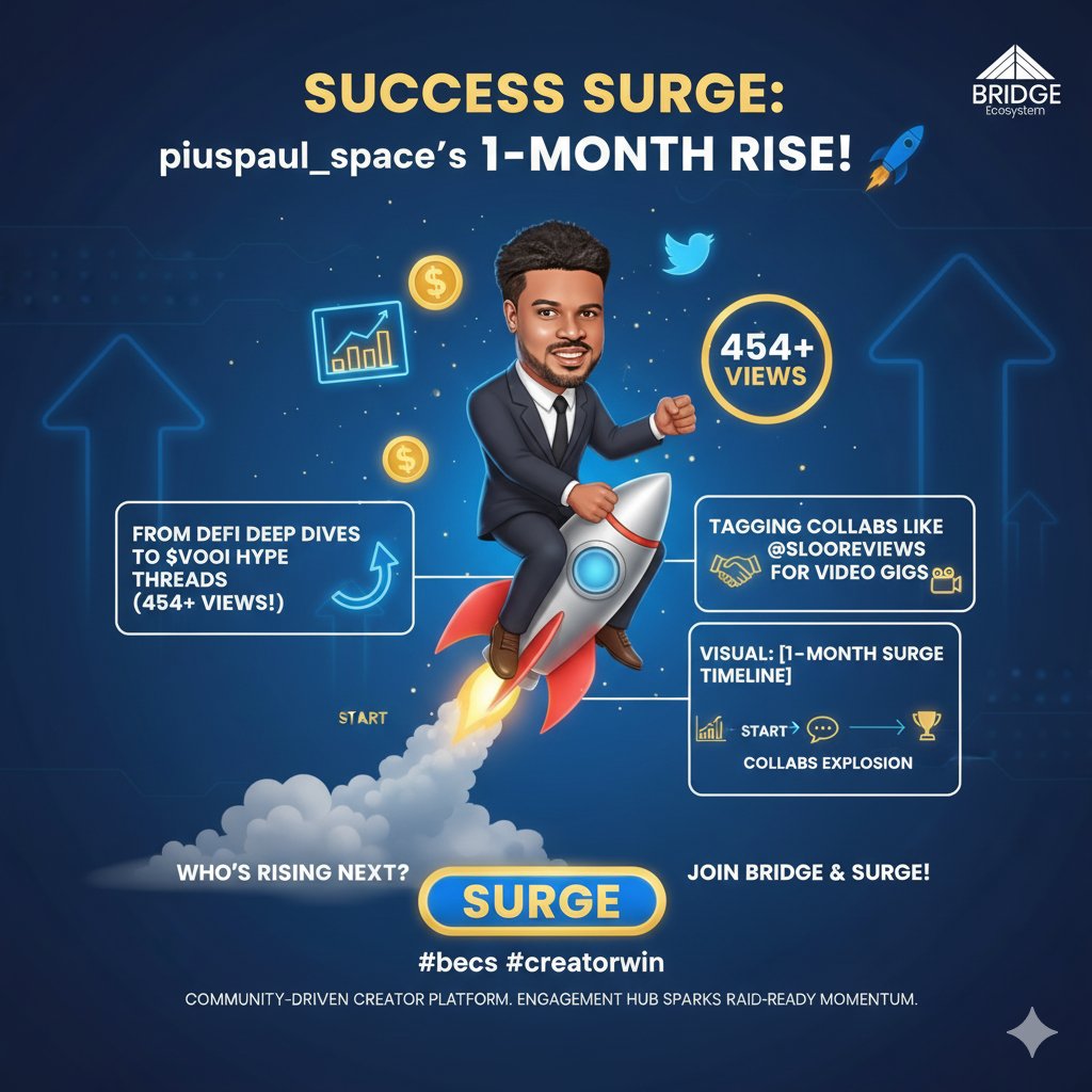 Success surge alert!

Hey <a href="/Bridge_EC0/">Bridge Ecosystem</a> Fam, <a href="/Piuspaul_space/">Pius Paul 🕊️</a>
leveled up this month—from DeFi deep dives to $VOOI hype threads (454+ views!) &amp; 

tagging collabs like <a href="/slooreviews/">Sloo Reviews 🟫🕊️🟤</a> for video gigs.

Bridge's engagement hub sparked his raid-ready momentum!

Who's rising next? #BECS