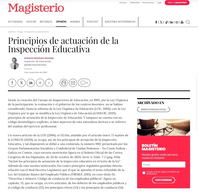 ----------
PRINCIPIOS DE ACTUACIÓN DE LA INSPECCIÓN EDUCATIVA
Antonio Montero Alcaide

MAGISTERIO - Despacito y buena letra
magisnet.com/2025/11/princi…
#MagisterioDespacitoyBuenaLetra #AntonioMonteroAlcaide