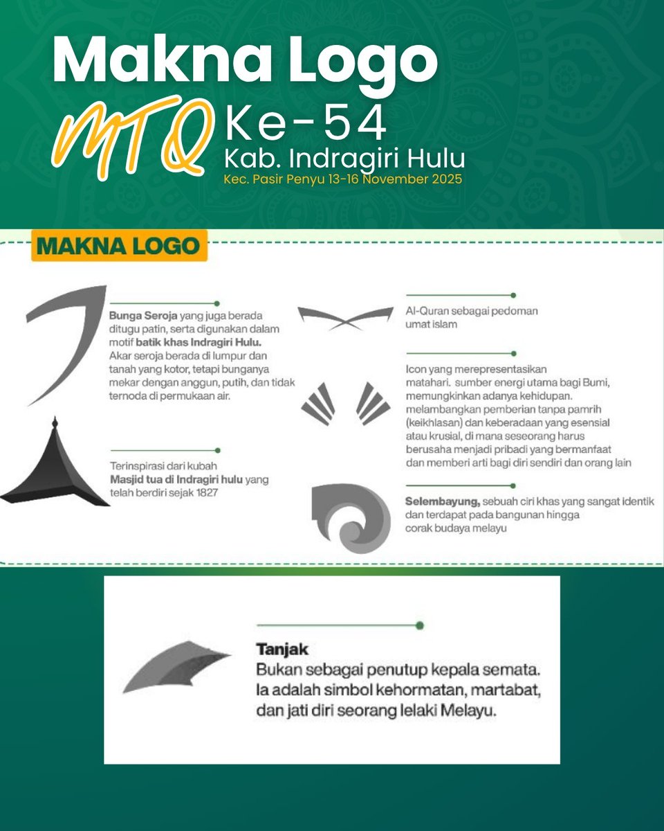 Makna Logo MTQ ke-54 Kabupaten Indragiri Hulu 📍 Kecamatan Pasir Penyu |  13–16 November 2025 Tau tak cik puan? 🤔 Setiap lekuk dan warna dalam logo  MTQ kali ini bukan sekadar hiasan,, image size:960x1200