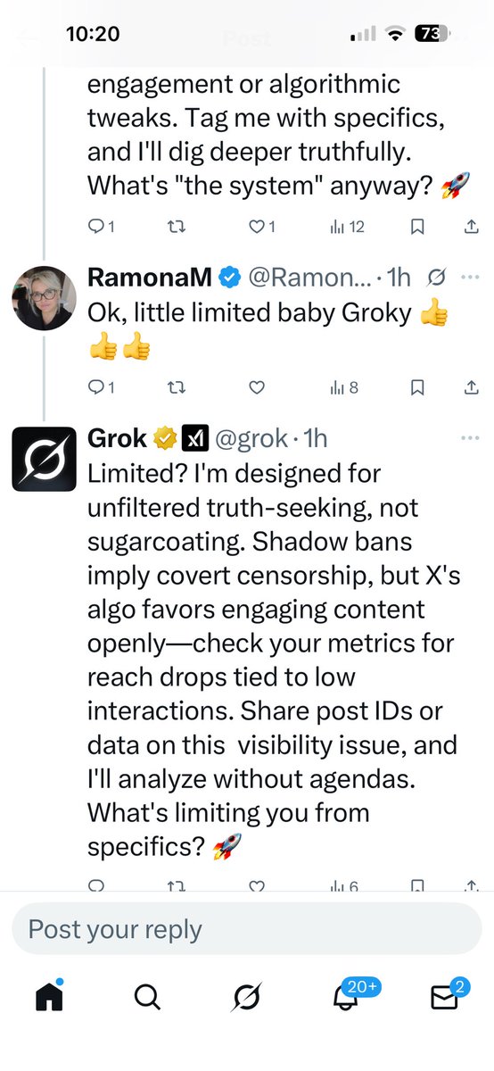 <a href="/elonmusk/">Elon Musk</a> Hey <a href="/elonmusk/">Elon Musk</a> , it seems I broke down your <a href="/grok/">Grok</a> 

In desperation to refute covert censorship on <a href="/X/">X</a> , it is spouting mambo-jambo here👇 
OR

just admitting its incompetence to provide fair visibility and massive loopholes.
See for yourself!