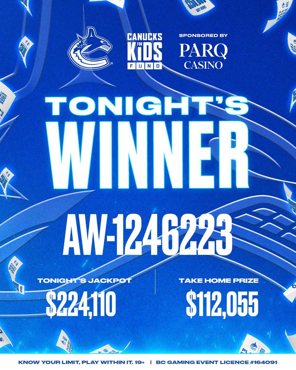 Canucksforkids's tweet image. Winning 50/50 number is AW-1246223.
 
Thank you for supporting kids in BC! 💙💚