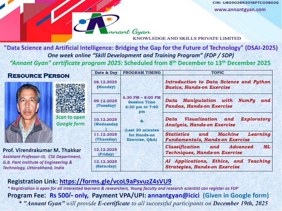 AnnantGyan's tweet photo. https://t.co/CkM0mE9gUy

#datascience #Science #artificialintelligence #AI #FDPs #SDP #Intelligence #FutureSkills #technology #faculty #FacultyDevelopment #FacultyDevelopmentProgram #researchers #ResearchScholar #onlineeducation #college #university #engineering #CSE #ECE #indian https://t.co/TOWdaJVJvt
