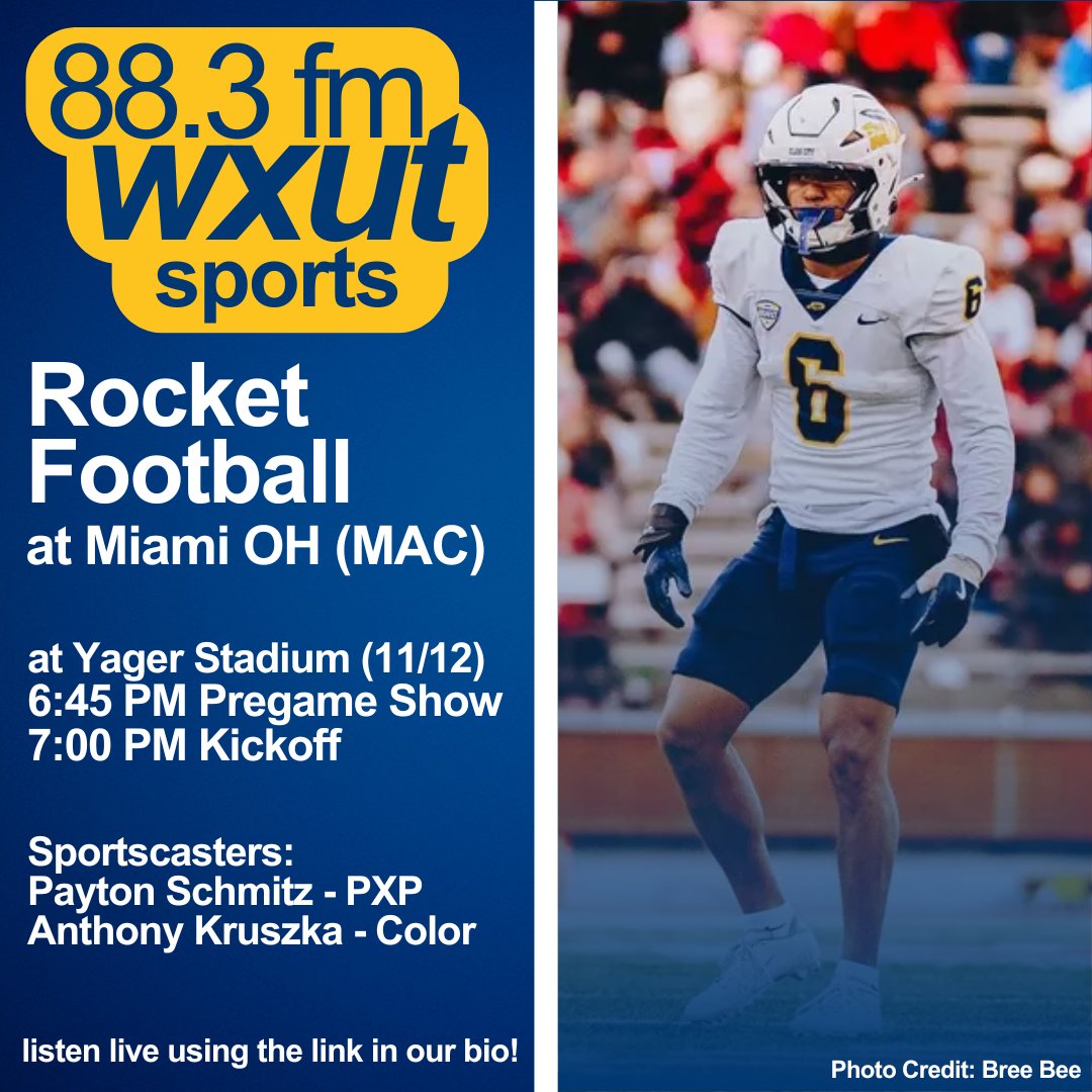 🚀 WXUT Sports is on the road!
<a href="/ToledoFB/">Toledo Football</a> battles <a href="/MiamiOHFootball/">Miami Football</a> in a pivotal late season matchup!

🎙️ Payton Schmitz &amp; Anthony Kruszka
📍 Yager Stadium, Oxford, OH
📻 88.3 FM (after 8 PM) or stream via link in bio!
🕡 Pregame 6:45 | 🏈 Kickoff 7:00

#MACtion #ToledoFootball