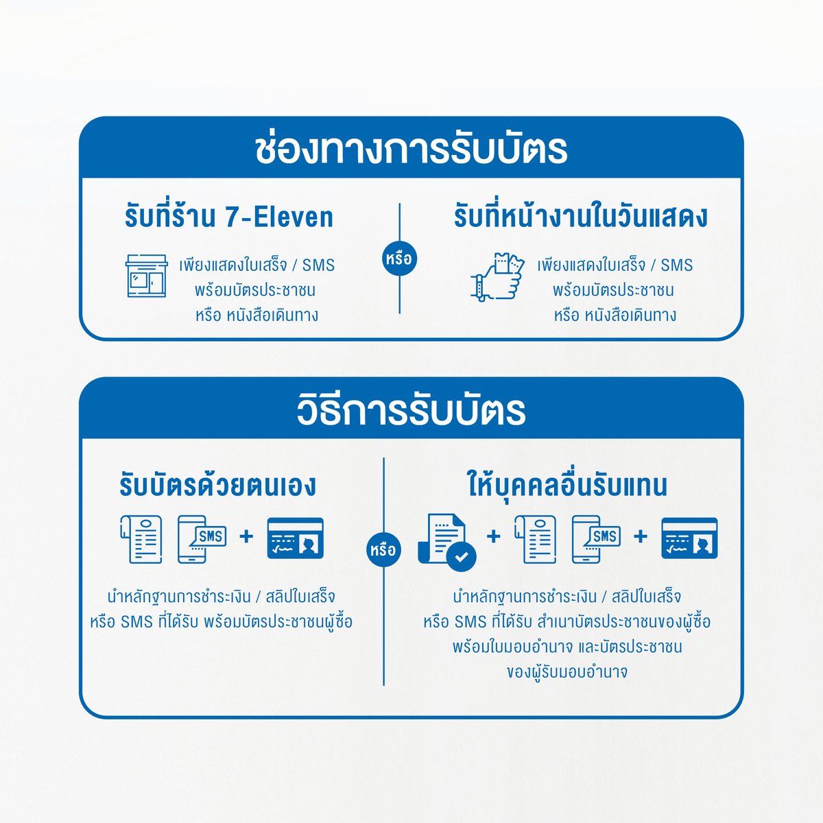 SMTrueThailand's tweet photo. 💙 ข้อมูลการแลกรับบัตรการแสดง (บัตรพลาสติก) 💙
⠀⠀
𝐒𝐔𝐏𝐄𝐑 𝐉𝐔𝐍𝐈𝐎𝐑 𝟐𝟎𝐭𝐡 𝐀𝐧𝐧𝐢𝐯𝐞𝐫𝐬𝐚𝐫𝐲 𝐓𝐎𝐔𝐑 <𝐒𝐔𝐏𝐄𝐑 𝐒𝐇𝐎𝐖 𝟏𝟎> 𝐢𝐧 𝐁𝐀𝐍𝐆𝐊𝐎𝐊
⠀⠀
📨 𝟐 รอบการแสดง :
⠀
⠀⠀𝟐𝟗 พฤศจิกายน 𝟐𝟎𝟐𝟓 (เสาร์) เวลา 𝟐𝟎:𝟎𝟎 น.
⠀
⠀⠀𝟑𝟎 พฤศจิกายน 𝟐𝟎𝟐𝟓 (อาทิตย์) เวลา 𝟏𝟕:𝟎𝟎 น.
⠀
🗓️ สถานที่ :
⠀
⠀⠀อิมแพ็ค อารีน่า (𝐈𝐌𝐏𝐀𝐂𝐓 𝐀𝐑𝐄𝐍𝐀)
⠀
💐 สถานะบัตรการแสดง :
⠀
⠀ ⠀ 𝐀𝐕𝐀𝐈𝐋𝐀𝐁𝐋𝐄 ✅ บัตรราคา 𝟒,𝟗𝟎𝟎 (บัตรยืน) บาทของทั้ง 2 รอบการแสดง ยังมีเปิดจำหน่าย 💥 จำนวนจำกัด 💥 ซื้อบัตรพร้อมลุ้นรับสิทธิพิเศษต่าง ๆ ได้จนถึงวันที่ 16 พฤศจิกายน 2025 เวลา 23:59 น. เท่านั้น ‼️
⠀⠀
⠀⠀🇹🇭 อย่ารอช้า รีบคว้าบัตรด่วน 💨 ทางเคาน์เตอร์เซอร์วิสในร้าน 7-Eleven ทุกสาขาทั่วประเทศ และเว็บไซต์ https://t.co/QIkHFtk1hz
⠀⠀
🗃️ ผังที่นั่ง และสิทธิพิเศษ :
⠀
⠀https://t.co/XCWXACpoQ3
⠀⠀
_______________
⠀
🎫 ช่องทางการรับบัตรการแสดง :
⠀
⠀⠀ท่านใดที่ซื้อบัตรสำเร็จเรียบร้อย ทั้งรอบสมาชิก “𝐄.𝐋.𝐅.” 𝐌𝐞𝐦𝐛𝐞𝐫𝐬𝐡𝐢𝐩 (𝐆𝐋) 𝐏𝐫𝐞-𝐒𝐚𝐥𝐞, รอบสมาชิก 𝐉𝐎𝐘 𝐂𝐋𝐔𝐁 𝐏𝐫𝐞-𝐒𝐚𝐥𝐞 และรอบบุคคลทั่วไป (𝐆𝐞𝐧𝐞𝐫𝐚𝐥 𝐒𝐚𝐥𝐞) สามารถแลกรับบัตรการแสดง (บัตรพลาสติกสำหรับใช้เป็นหลักฐานในการเข้าชม) ผ่าน 𝟐 ช่องทางดังนี้
⠀
[ช่องทางที่ 𝟏]⠀การแลกรับบัตรการแสดง (บัตรพลาสติก) ที่ 𝟕-𝐄𝐥𝐞𝐯𝐞𝐧 ทั้ง 𝟑𝟏 สาขาตามภาพ
⠀
⠀⠀📅 𝟏𝟑 พฤศจิกายน 𝟐𝟎𝟐𝟓 (พฤหัสบดี) ตั้งแต่เวลา 𝟏𝟎:𝟎𝟎 น. เป็นต้นไป ~ 𝟐𝟑 พฤศจิกายน 𝟐𝟎𝟐𝟓 (อาทิตย์) เวลา 𝟐𝟎:𝟎𝟎 น. เท่านั้น
⠀
[ช่องทางที่ 𝟐]⠀การแลกรับบัตรการแสดง (บัตรพลาสติก) หน้างานที่บูท 𝐀𝐋𝐋 𝐓𝐈𝐂𝐊𝐄𝐓 ซึ่งตั้งอยู่บริเวณประตู 𝟒 ณ อิมแพ็ค อารีน่า ตามวันและเวลาทำการดังนี้
⠀
⠀⠀📅 𝟐𝟗 พฤศจิกายน 𝟐𝟎𝟐𝟓 (เสาร์) ตั้งแต่เวลา 𝟏𝟏:𝟎𝟎 น. ~ 𝟐𝟏:𝟎𝟎 น. เท่านั้น (การแสดงเริ่มเวลา 20:00 น.)
⠀
⠀⠀📅 𝟑𝟎 พฤศจิกายน 𝟐𝟎𝟐𝟓 (อาทิตย์) ตั้งแต่เวลา 𝟏𝟎:𝟎𝟎 น. ~ 𝟏𝟖:𝟑𝟎 น. เท่านั้น (การแสดงเริ่มเวลา 17:00 น.)
⠀⠀
_________________
⠀
📂​​ วิธีการรับบัตรการแสดง :
⠀
⠀⠀🎟️ กรณีผู้ซื้อบัตร (เจ้าของบัตรการแสดงครั้งนี้) มารับบัตรด้วยตนเอง : ท่านจะต้องแสดงหลักฐานดังต่อไปนี้ให้ครบถ้วน
⠀
1. สลิปใบเสร็จตัวจริง หรือ SMS ที่ได้รับ หรือ Email ที่ได้รับ หรือหลักฐานการชำระเงิน (*เอกสารในส่วนนี้ ทางเจ้าหน้าที่จะขอเก็บไว้เป็นหลักฐาน)
⠀
2. บัตรประชาชนตัวจริงของ ผู้ซื้อบัตร (เจ้าของบัตรการแสดงครั้งนี้) ทางเคาน์เตอร์เซอร์วิสในร้าน 7-Eleven หรือบัตรประชาชนตัวจริงของ User (เจ้าของบัญชี) ที่ซื้อบัตรทางเว็บไซต์ https://t.co/wDM6D6HatH (*หลักฐานในส่วนนี้ ทางเจ้าหน้าที่จะขอดูเพื่อประกอบการตรวจสอบเท่านั้น)
⠀
⠀⠀🎟️ กรณีมารับบัตรแทนผู้ซื้อบัตร (เจ้าของบัตรการแสดงครั้งนี้) : ผู้ที่มารับบัตรแทน จะต้องแสดงหลักฐานดังต่อไปนี้ให้ครบถ้วน
⠀
1. สลิปใบเสร็จตัวจริง หรือ SMS ที่ได้รับ หรือ Email ที่ได้รับ หรือหลักฐานการชำระเงิน (*เอกสารในส่วนนี้ ทางเจ้าหน้าที่จะขอเก็บไว้เป็นหลักฐาน)
⠀
2. สำเนาบัตรประชาชนของ ผู้ซื้อบัตร (เจ้าของบัตรการแสดงครั้งนี้) ที่มีการเซ็นมอบอำนาจในการรับบัตรแทนอย่างถูกต้อง (*เอกสารในส่วนนี้ ทางเจ้าหน้าที่จะขอเก็บไว้เป็นหลักฐาน)
⠀
⠀⠀โดยให้ ผู้ซื้อบัตร (เจ้าของบัตรการแสดงครั้งนี้) เขียนมอบอำนาจบนสำเนาบัตรประชาชน ดังนี้
⠀
❝ ข้าพเจ้า .......... (ชื่อ-สกุล เจ้าของบัตรการแสดงครั้งนี้) ..........
ขอมอบอำนาจให้ .......... (ชื่อ-สกุล ผู้รับบัตรแทน) ..........
รับบัตรการแสดง .......... (ชื่อการแสดงครั้งนี้) ..........แทน อย่างถูกต้อง ❞
⠀
⠀⠀✔️ พร้อมให้ ผู้ซื้อบัตร (เจ้าของบัตรการแสดงครั้งนี้) เซ็นรับรองชื่อ-สกุลและสำเนาถูกต้องกำกับ
⠀
3. บัตรประชาชนตัวจริงของ ผู้ที่มารับบัตรแทน เพื่อใช้ยืนยันตัวตนว่า ผู้ที่มารับบัตรแทน มีชื่อ-สกุล ตรงตามที่ระบุเอาไว้บนสำเนา ที่มีการเซ็นมอบอำนาจดังข้อที่ 2. (*หลักฐานในส่วนนี้ ทางเจ้าหน้าที่จะขอดูเพื่อประกอบการตรวจสอบเท่านั้น)
⠀
_________________
⠀
#슈퍼주니어 #SUPERJUNIOR @SJofficial 
#SUPERSHOW #SUPERSHOW10
#20th_Anniversary_TOUR
#SUPERSHOW10inBKK
#SS10inBKK
#SMTrue